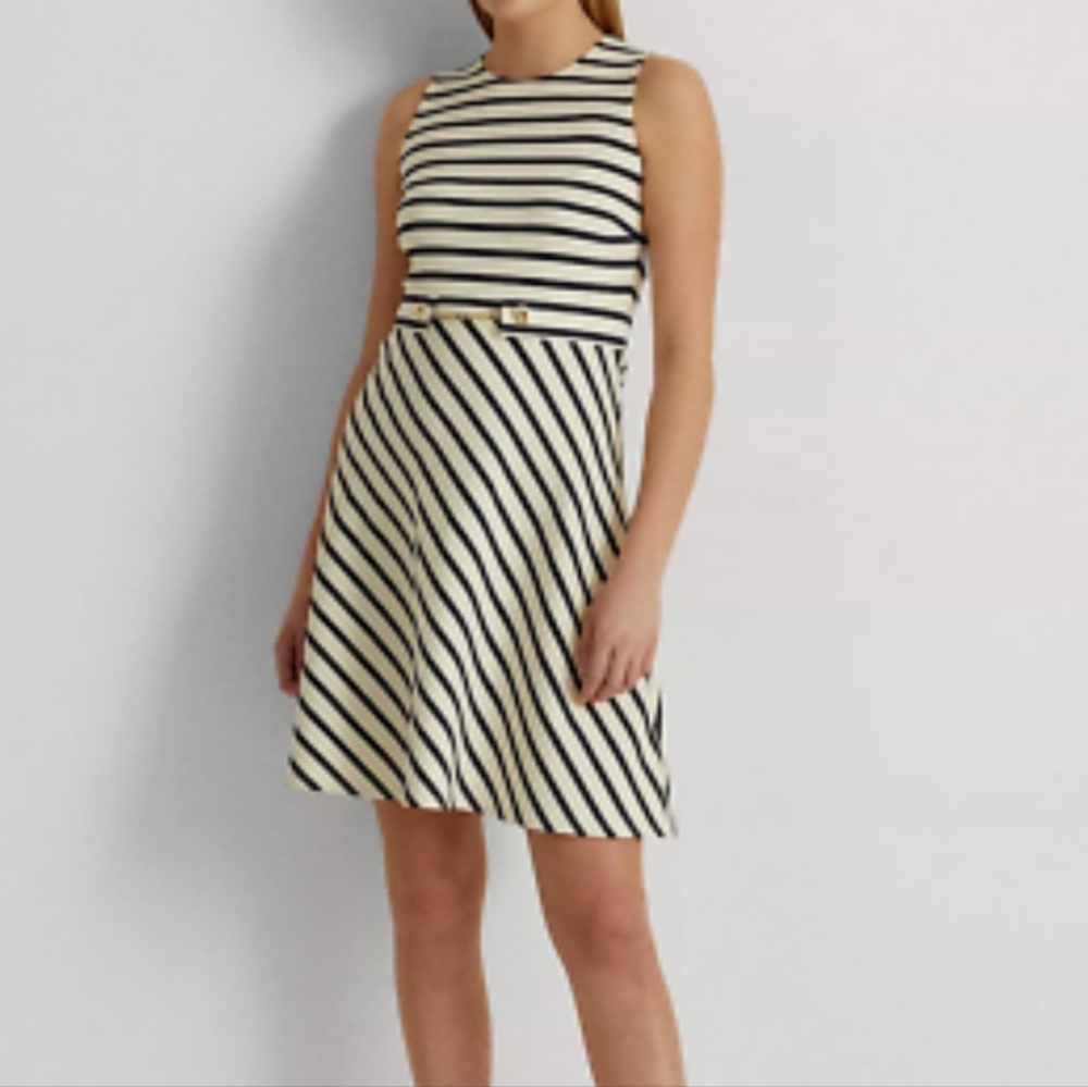 RALPH LAUREN Striped Belted Ponte Dress Sz 14W NWT